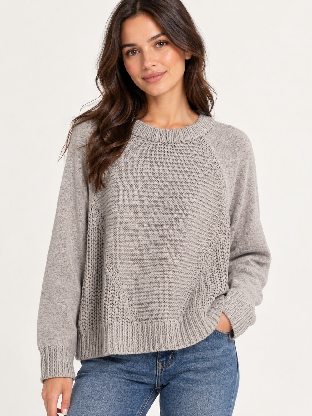 GUESS Textured XS Gray Chunky Knit Raglan Sweater Fall Cozycore Quiet Luxury